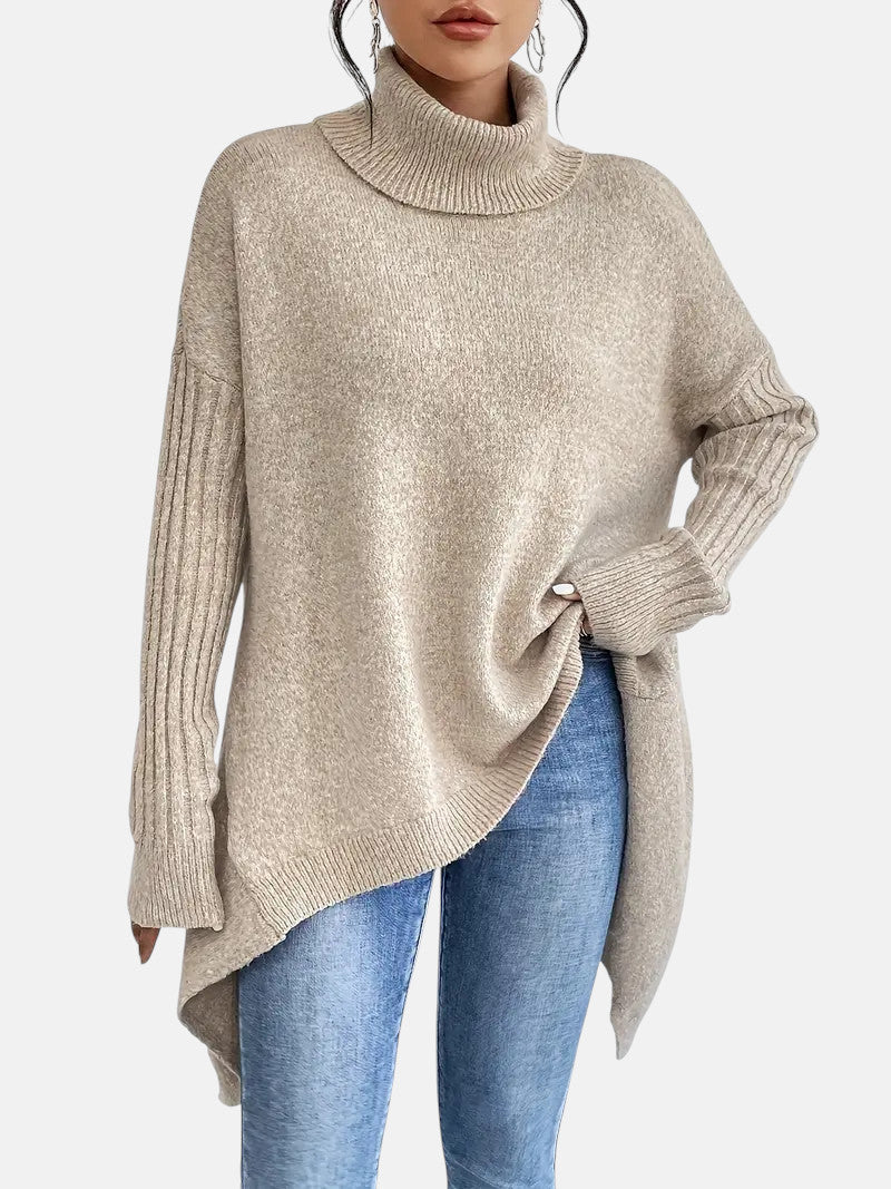Cecily Oversized Turtleneck Tunic Sweater in Beige, view 3