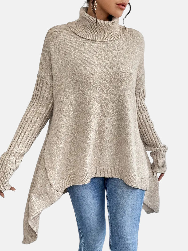 Cecily Oversized Turtleneck Tunic Sweater in Beige, view 4