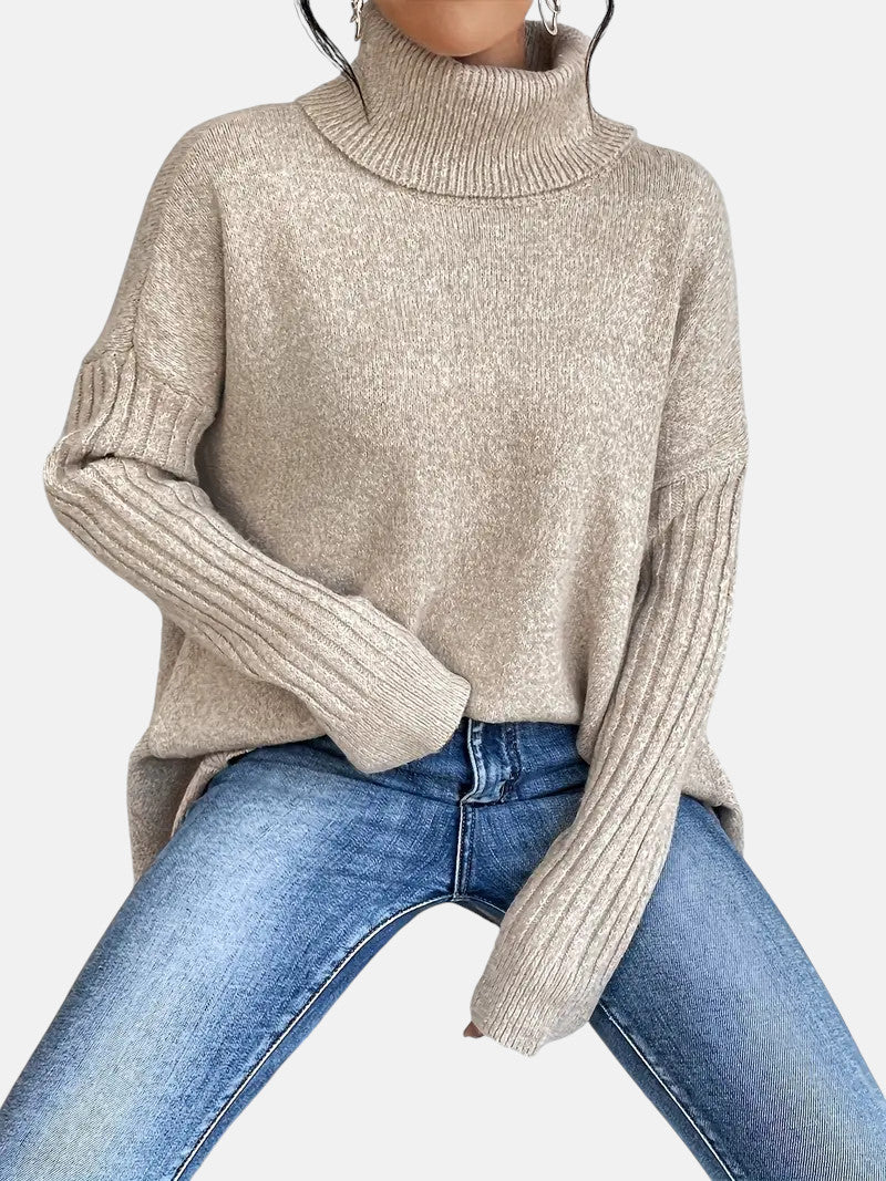 Cecily Oversized Turtleneck Tunic Sweater in Beige, view 5