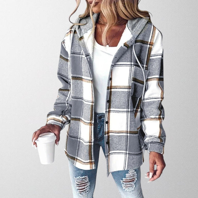 Natalia Plaid Hooded Button-Up Jacket in Grey, view 1