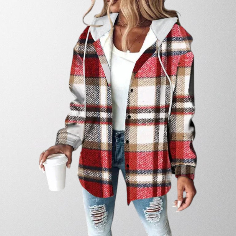 Natalia Plaid Hooded Button-Up Jacket in Grey, view 2