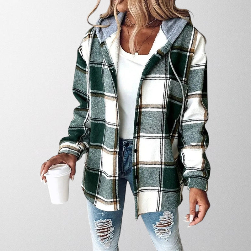 Natalia Plaid Hooded Button-Up Jacket in Grey, view 3