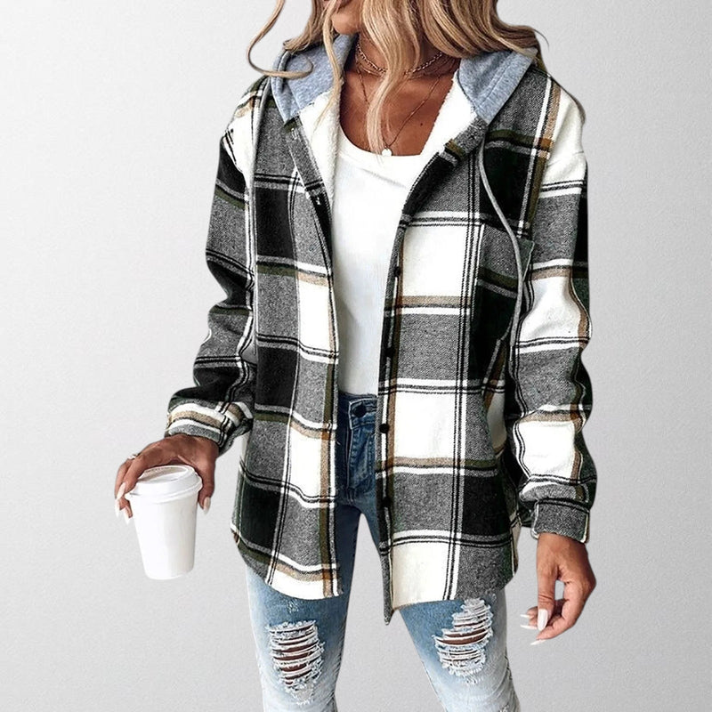Natalia Plaid Hooded Button-Up Jacket in Grey, view 4