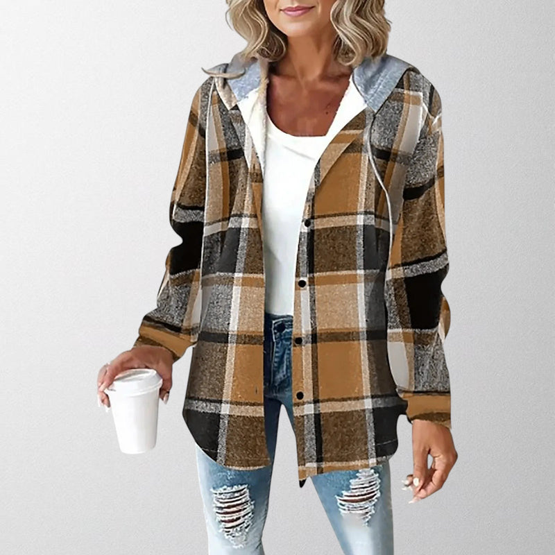 Natalia Plaid Hooded Button-Up Jacket in Grey, view 5
