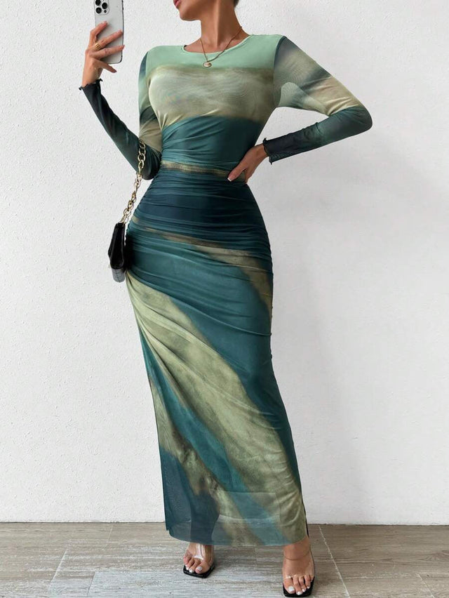 Antonia Printed Bodycon Long Sleeve Maxi Dress in Teal Green, view 1
