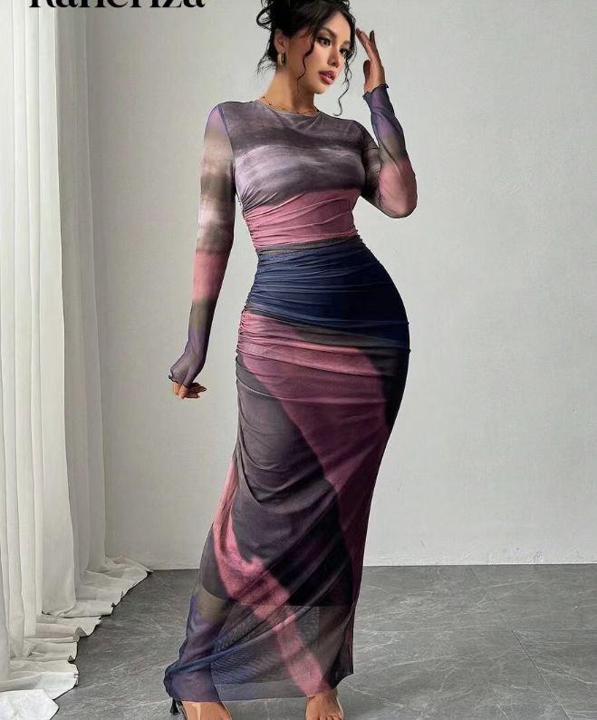 Antonia Printed Bodycon Long Sleeve Maxi Dress in Teal Green, view 10