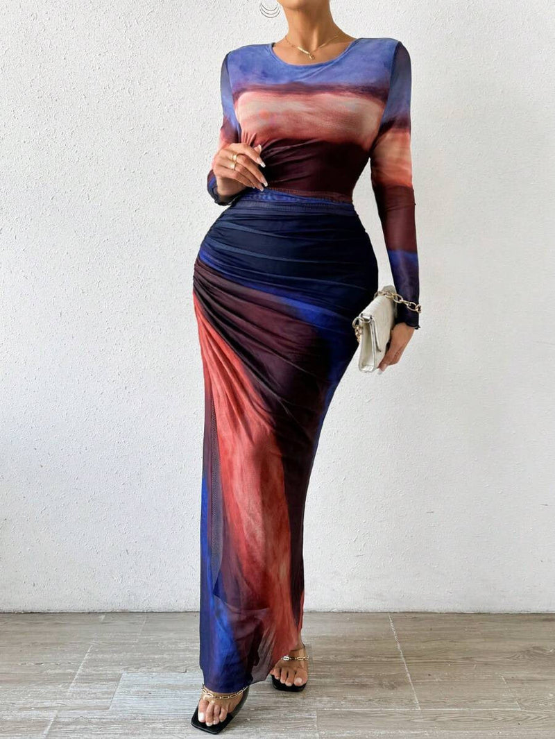 Antonia Printed Bodycon Long Sleeve Maxi Dress in Teal Green, view 2