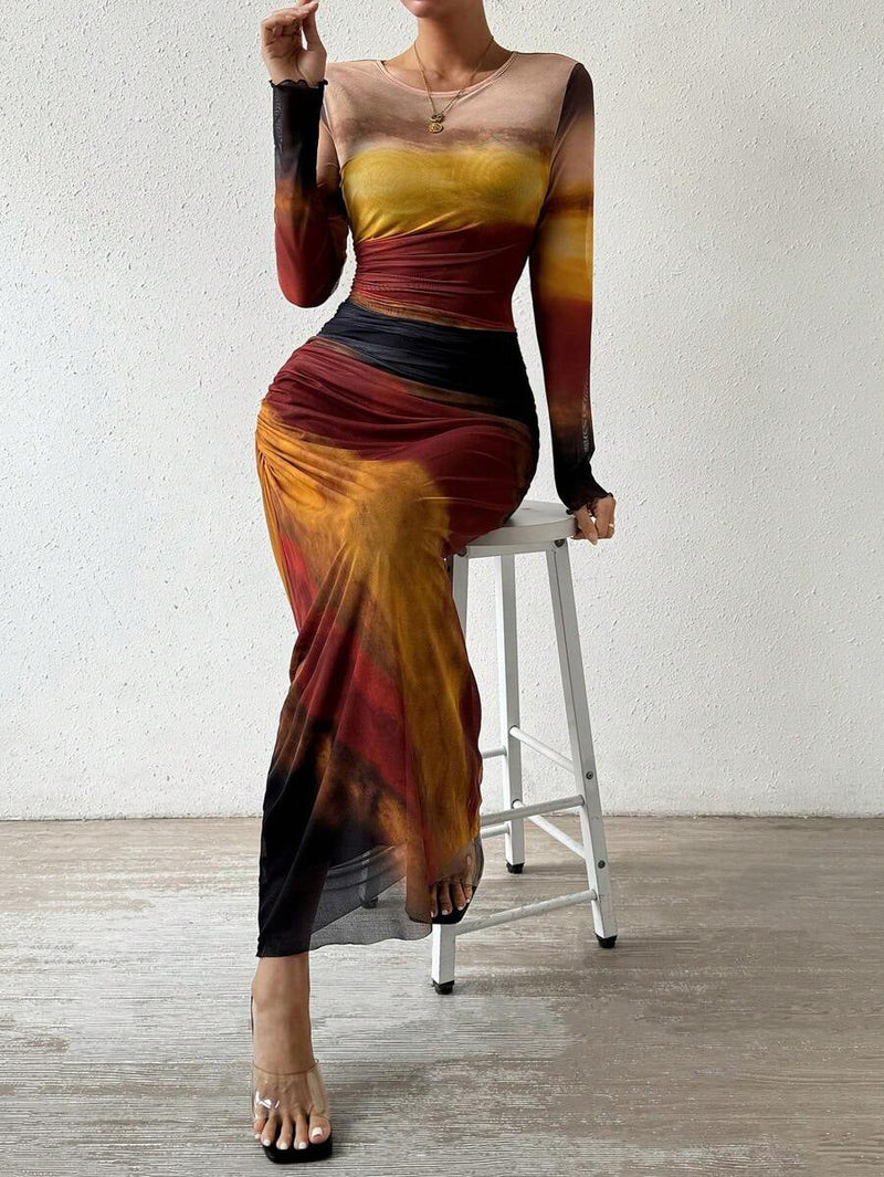 Antonia Printed Bodycon Long Sleeve Maxi Dress in Teal Green, view 4