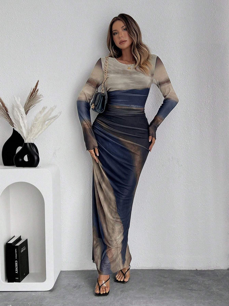 Antonia Printed Bodycon Long Sleeve Maxi Dress in Teal Green, view 6