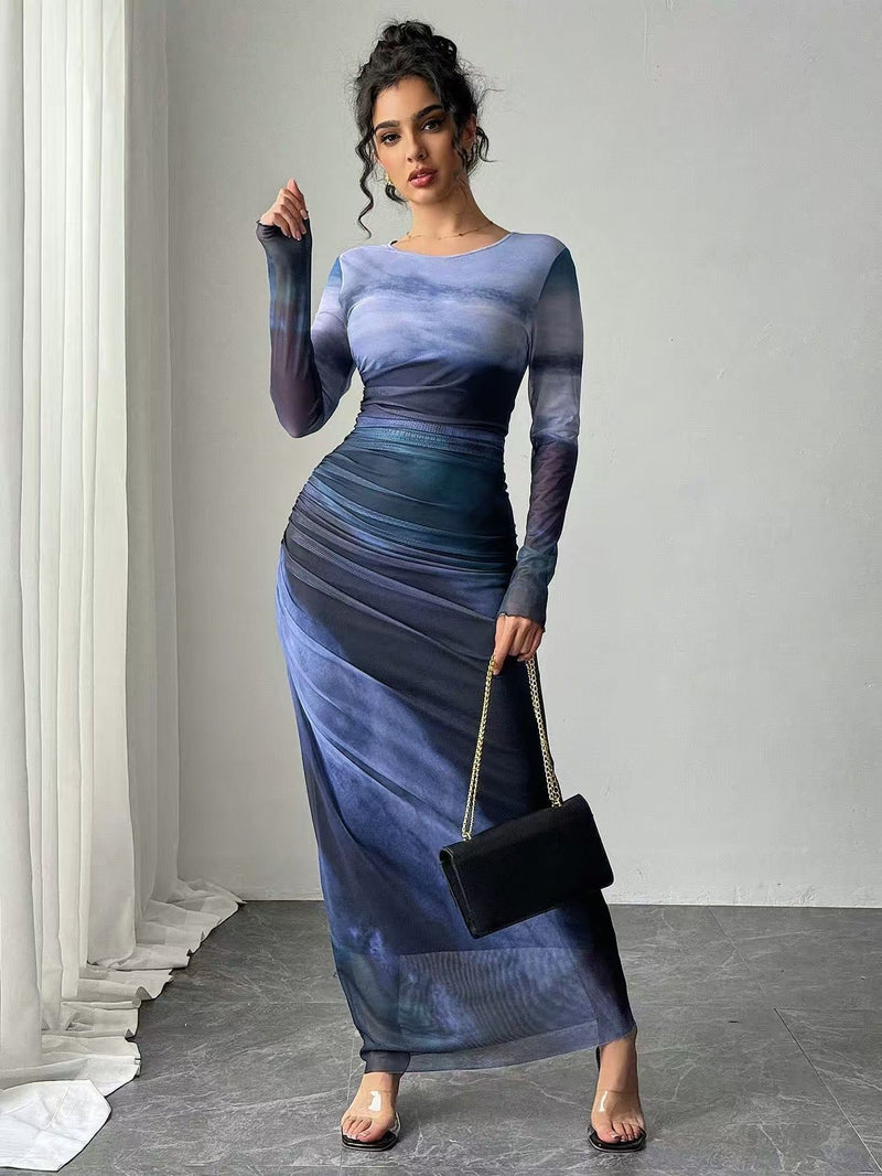 Antonia Printed Bodycon Long Sleeve Maxi Dress in Teal Green, view 7