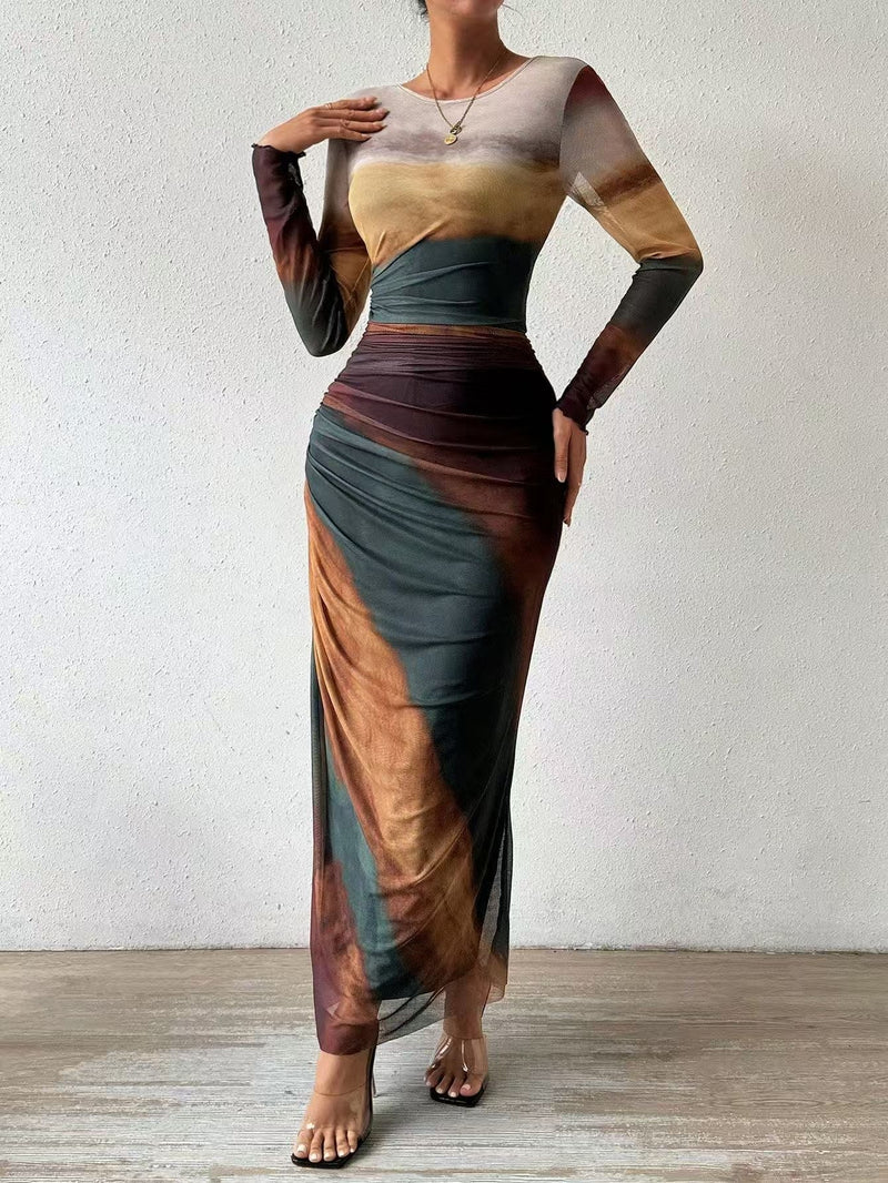Antonia Printed Bodycon Long Sleeve Maxi Dress in Teal Green, view 8