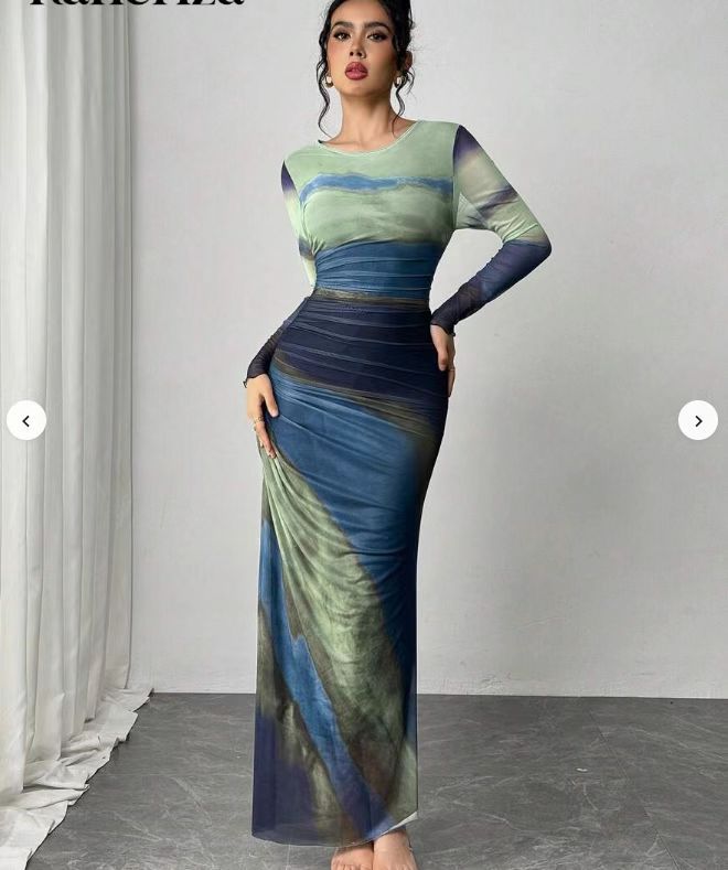 Antonia Printed Bodycon Long Sleeve Maxi Dress in Teal Green, view 9