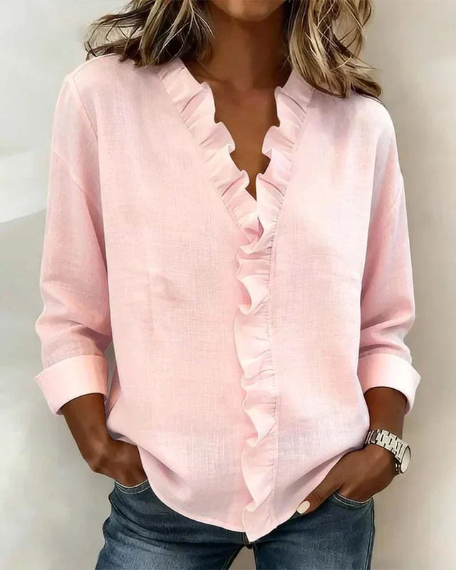 Magdalena Delicate Ruffled V-Neck Blouse in Pink, view 1