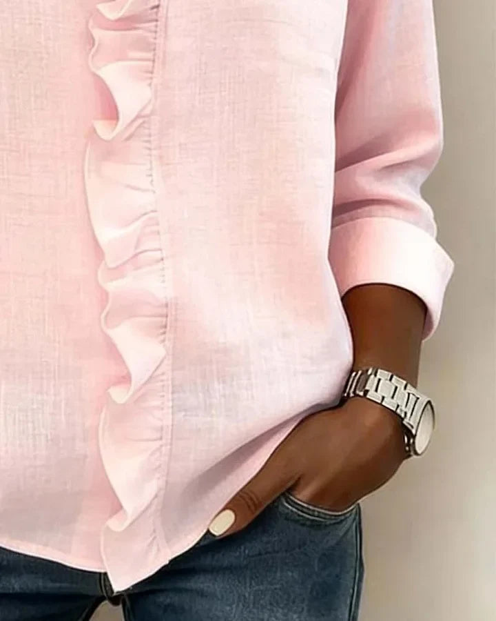 Magdalena Delicate Ruffled V-Neck Blouse in Pink, view 10