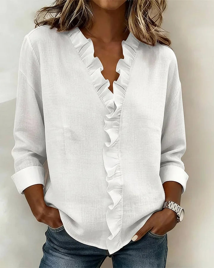 Magdalena Delicate Ruffled V-Neck Blouse in Pink, view 2