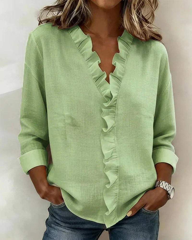 Magdalena Delicate Ruffled V-Neck Blouse in Pink, view 3