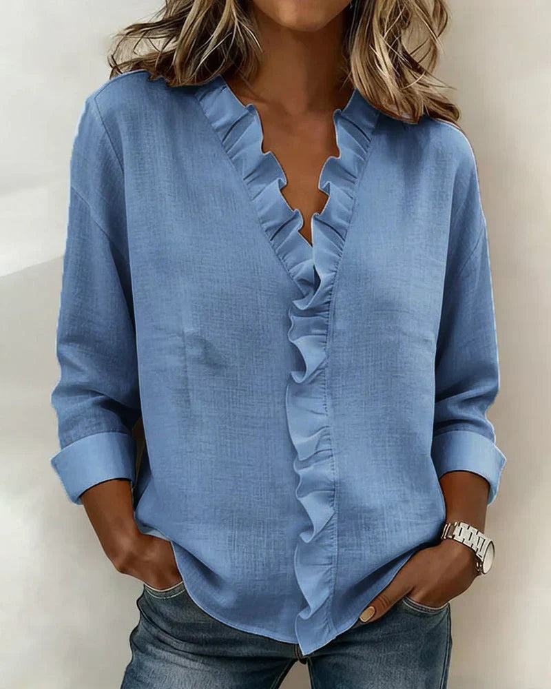 Magdalena Delicate Ruffled V-Neck Blouse in Pink, view 4