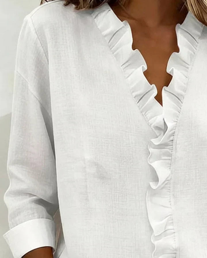 Magdalena Delicate Ruffled V-Neck Blouse in Pink, view 8