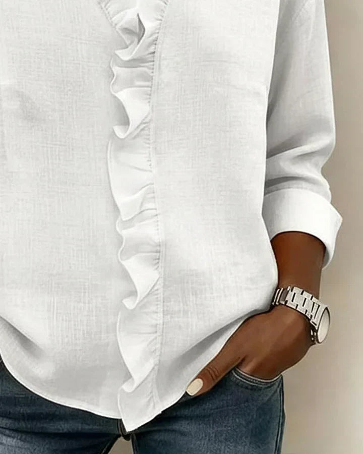 Magdalena Delicate Ruffled V-Neck Blouse in Pink, view 9
