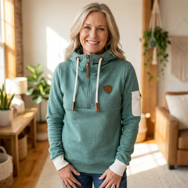 Iris Drawstring Hood Sweatshirt with Sleeve Pocket in Green, view 1