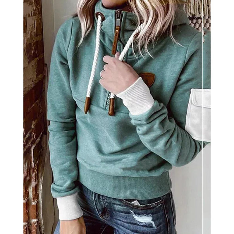 Iris Drawstring Hood Sweatshirt with Sleeve Pocket in Green, view 3