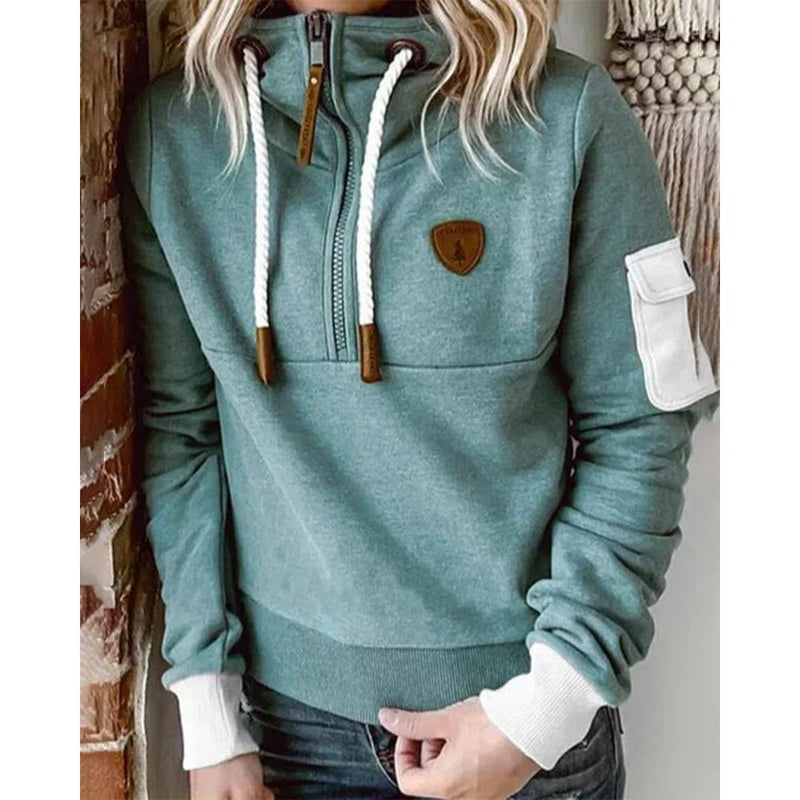Iris Drawstring Hood Sweatshirt with Sleeve Pocket in Green, view 4
