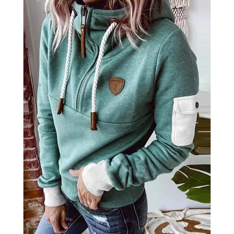 Iris Drawstring Hood Sweatshirt with Sleeve Pocket in Green, view 5