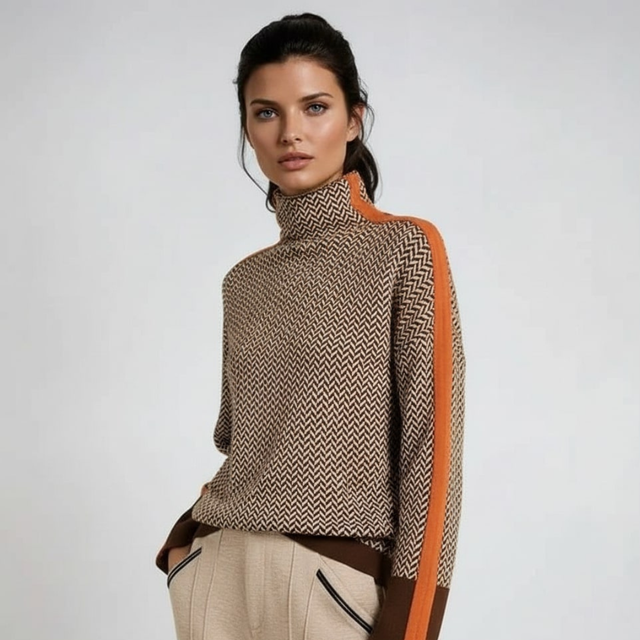 Florence Striped Color Block Turtleneck Sweater in Orange, view 1