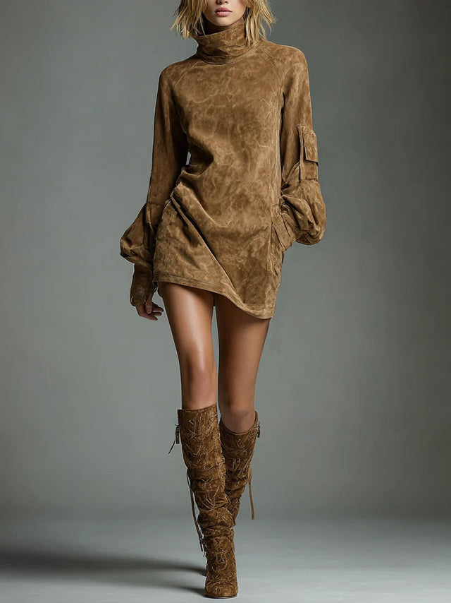 Ottilie Suede-Look Turtleneck Mini Dress in Brown, view 1
