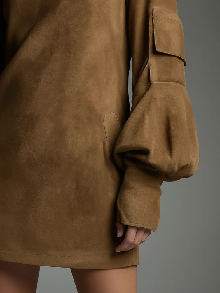 Ottilie Suede-Look Turtleneck Mini Dress in Brown, view 3