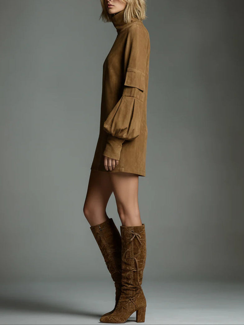Ottilie Suede-Look Turtleneck Mini Dress in Brown, view 4