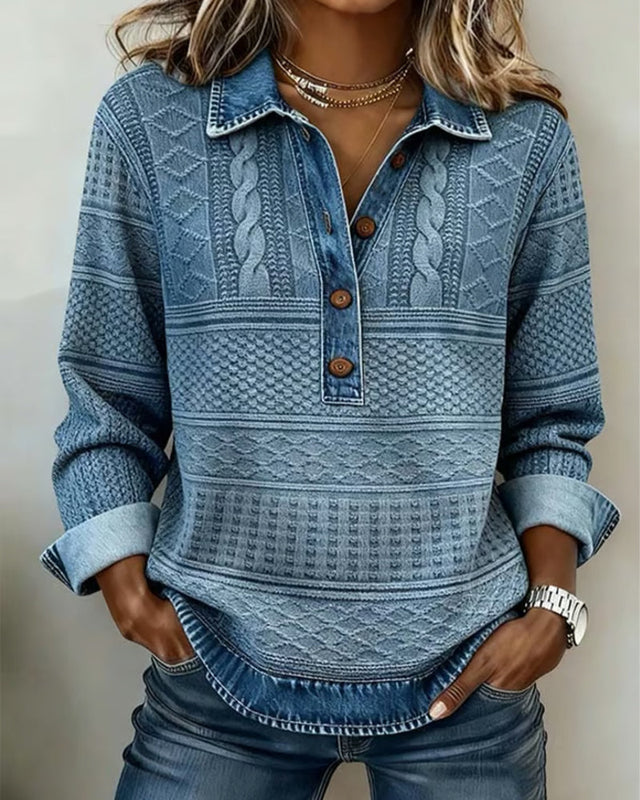 Josephine Textured Knit Henley Top in Blue, view 1