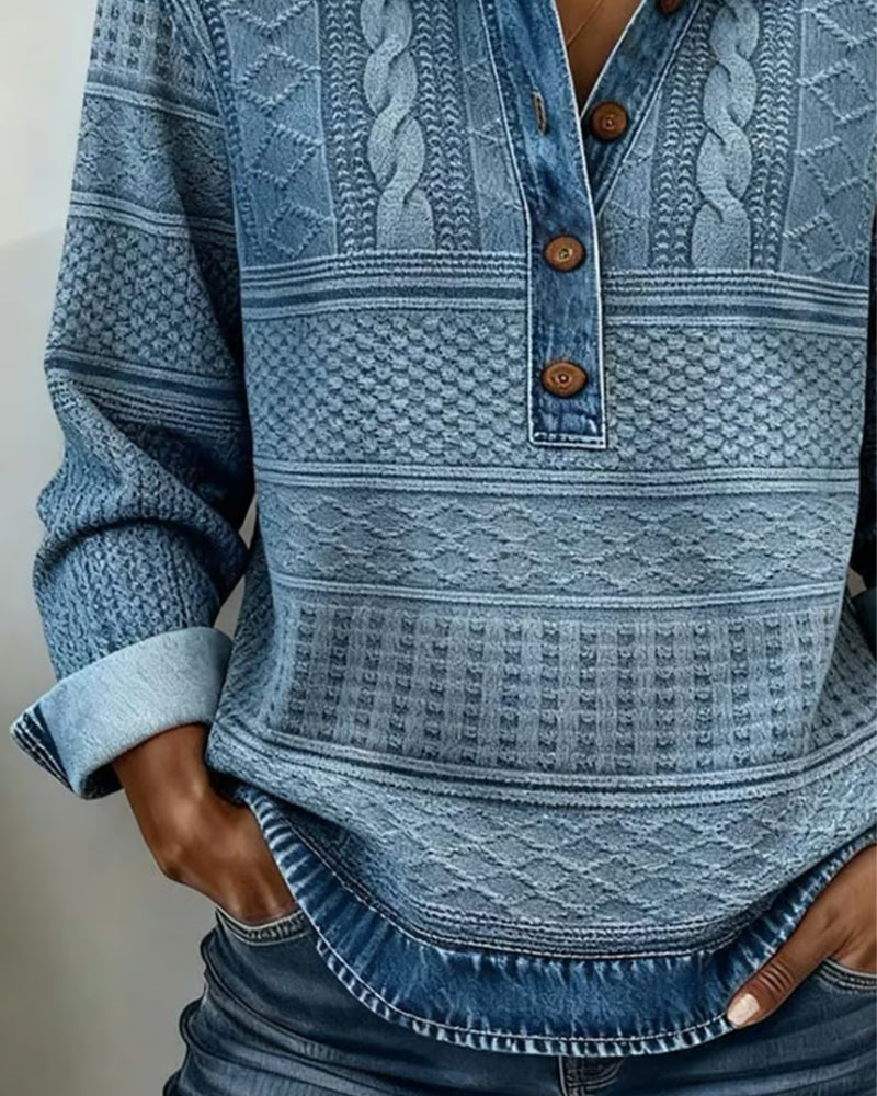 Josephine Textured Knit Henley Top in Blue, view 2