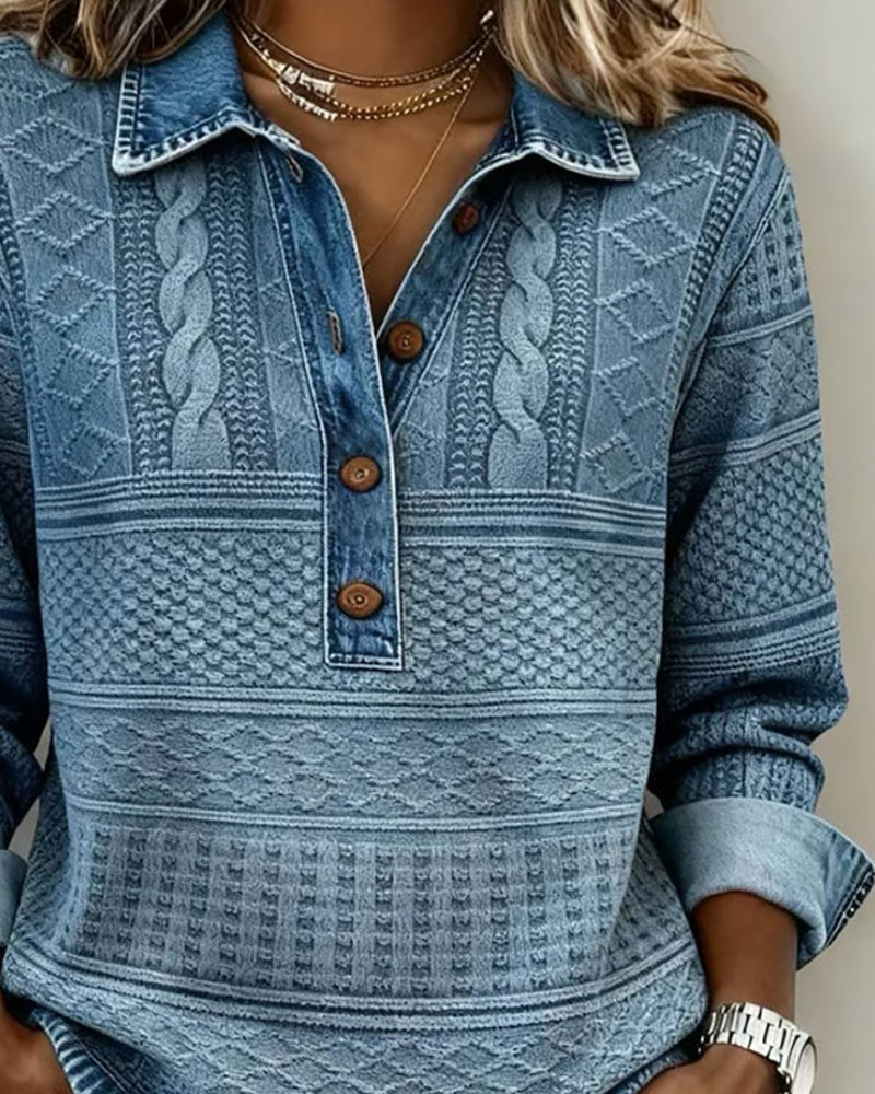 Josephine Textured Knit Henley Top in Blue, view 3