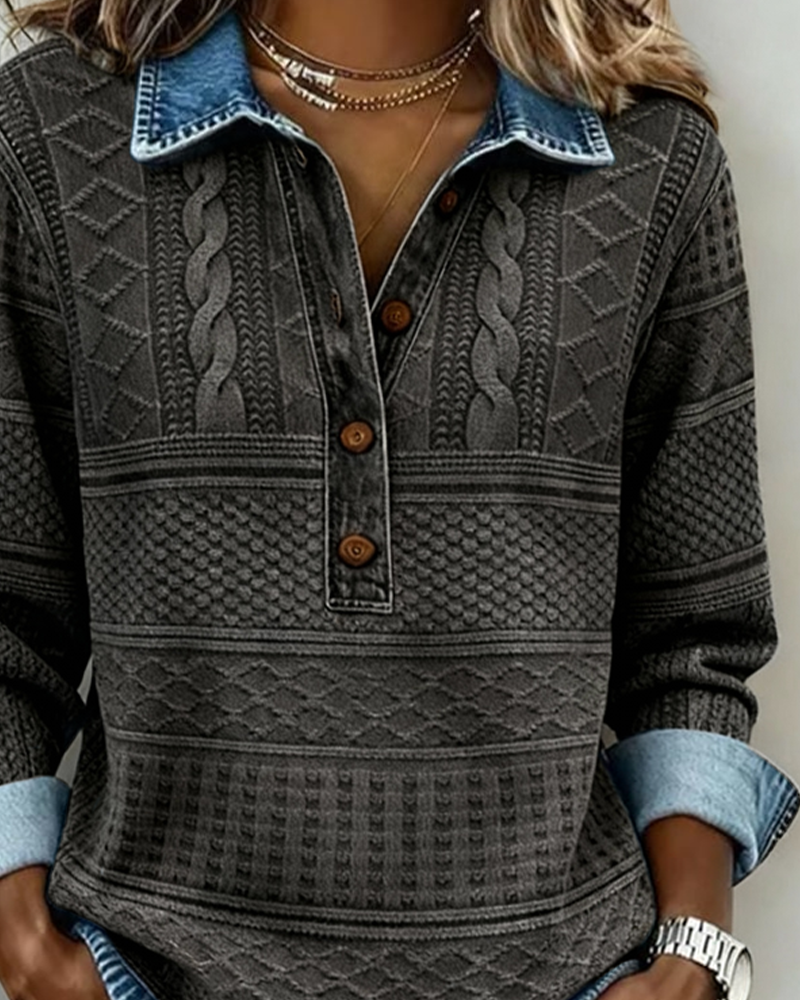 Josephine Textured Knit Henley Top in Blue, view 6