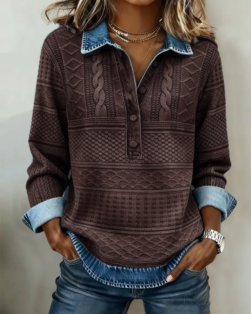 Josephine Textured Knit Henley Top in Blue, view 7