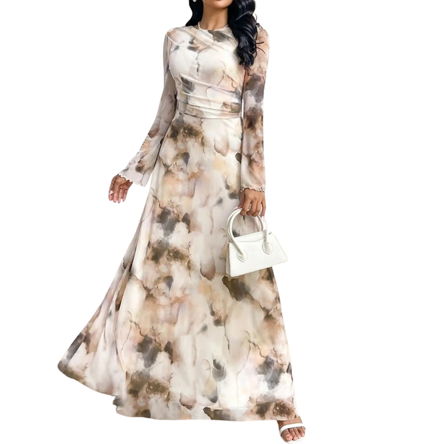 Wilhelmina Tie-Dye Mesh Long Sleeve Dress in Beige Floral, view 1