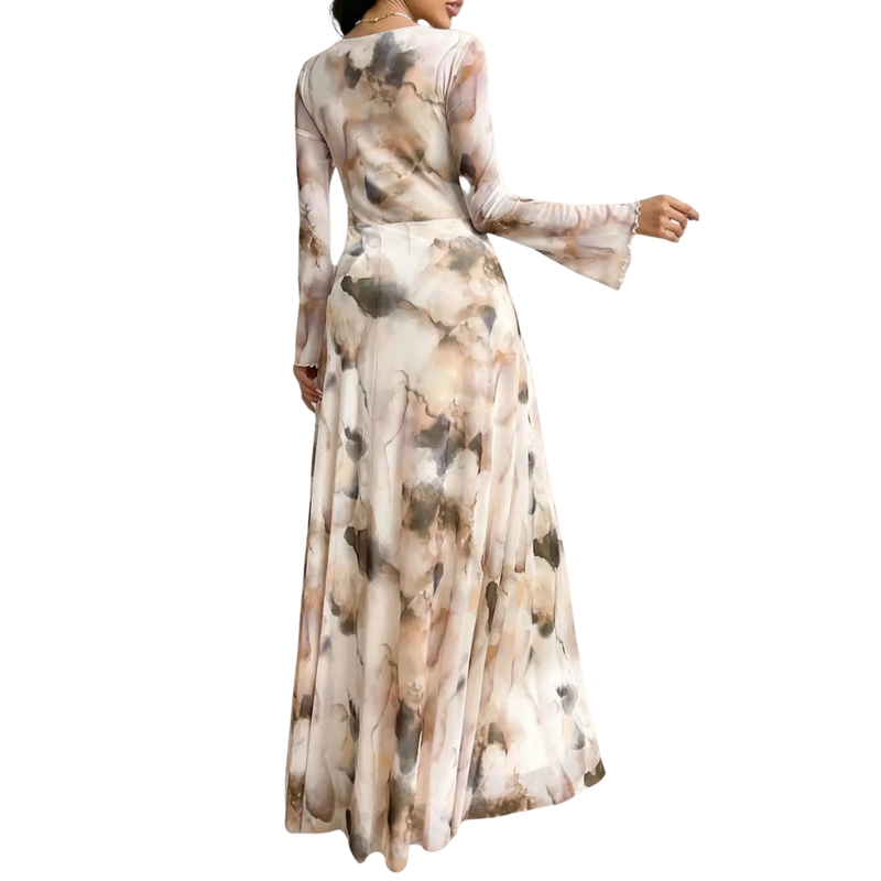 Wilhelmina Tie-Dye Mesh Long Sleeve Dress in Beige Floral, view 2