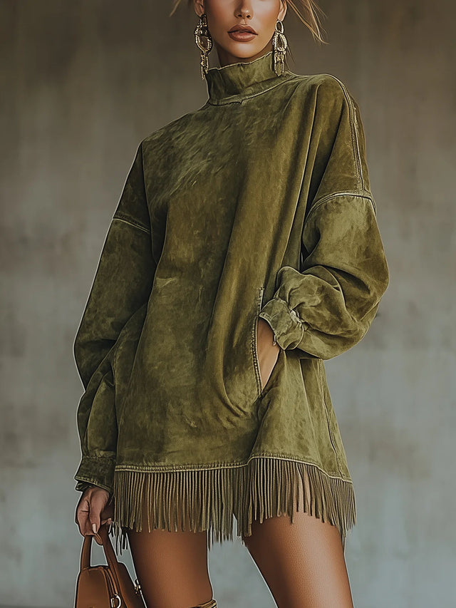 Philippa Turtleneck Fringe Hem Midi Dress in Green, view 1