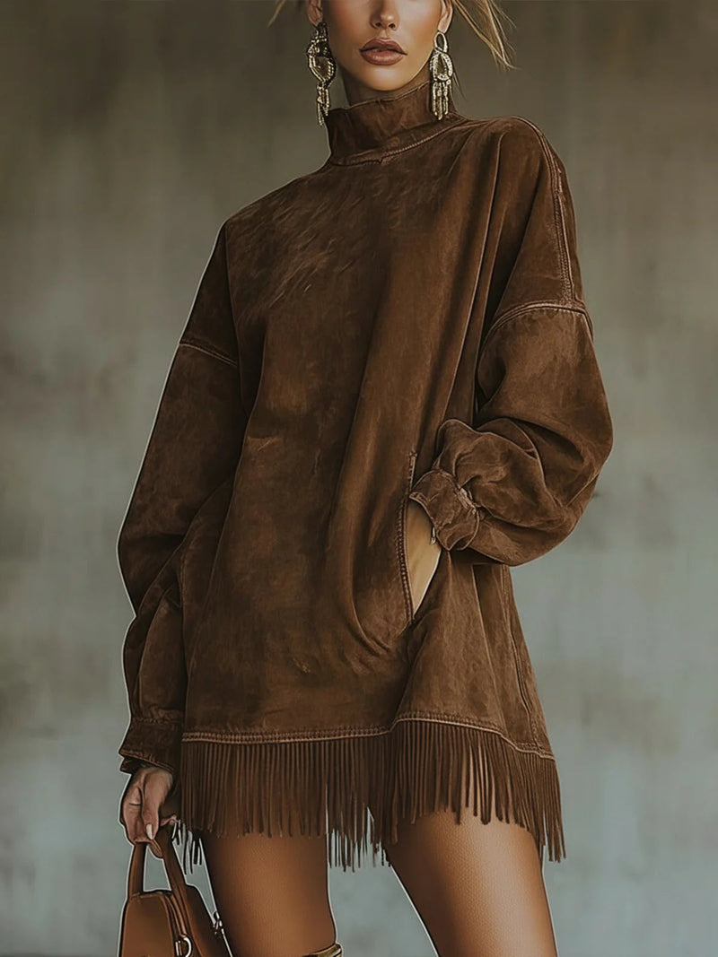 Philippa Turtleneck Fringe Hem Midi Dress in Green, view 2
