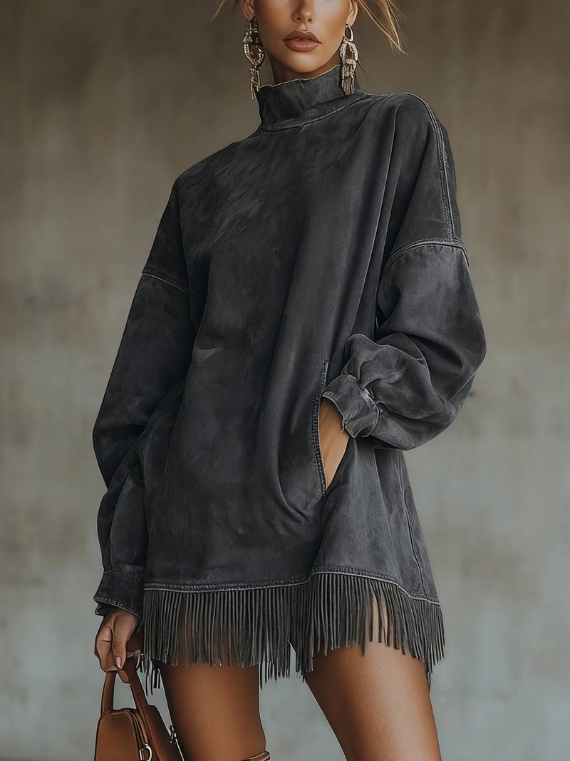 Philippa Turtleneck Fringe Hem Midi Dress in Green, view 3