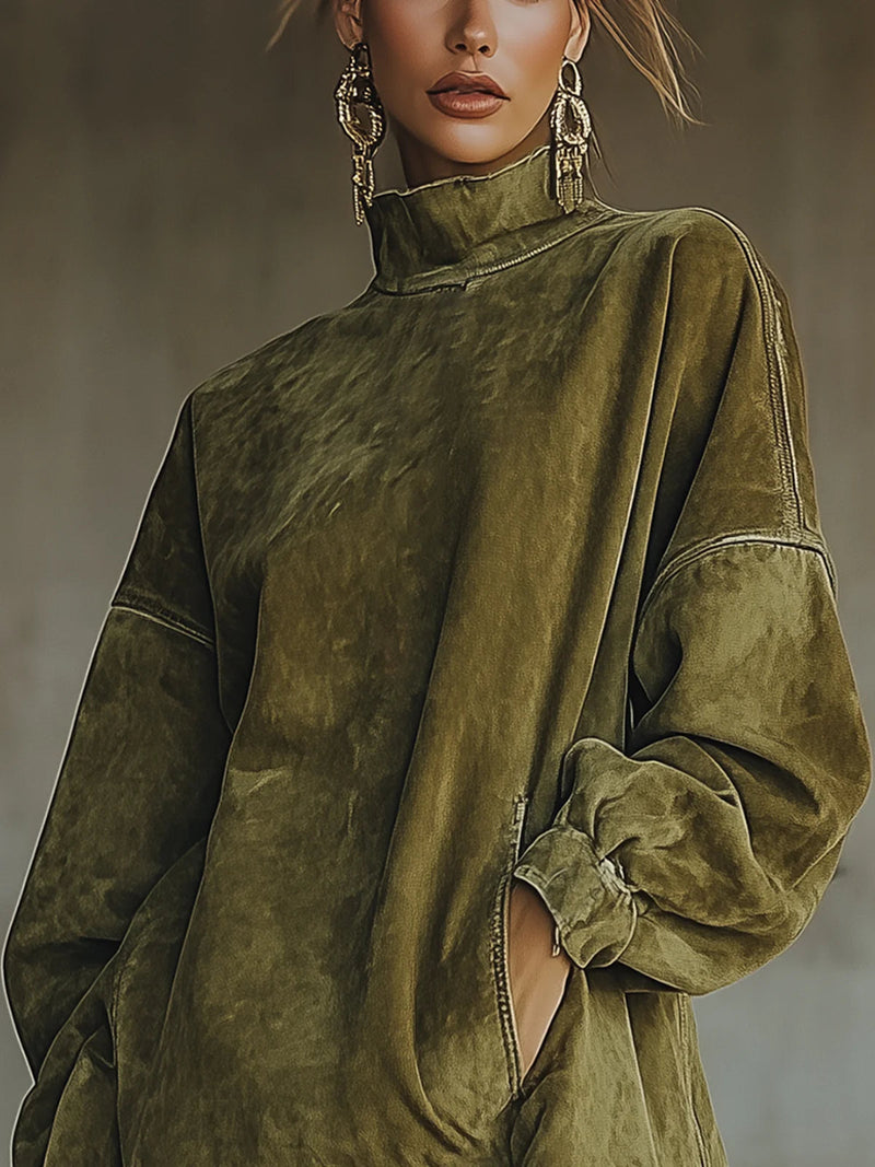 Philippa Turtleneck Fringe Hem Midi Dress in Green, view 4