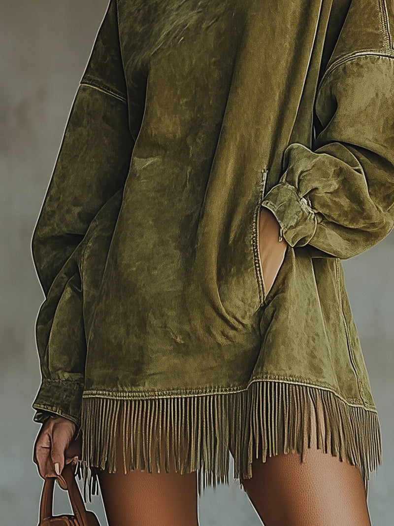 Philippa Turtleneck Fringe Hem Midi Dress in Green, view 5