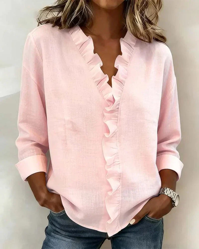 Genevieve Ruffled V-Neck Blouse in Pink, view 1