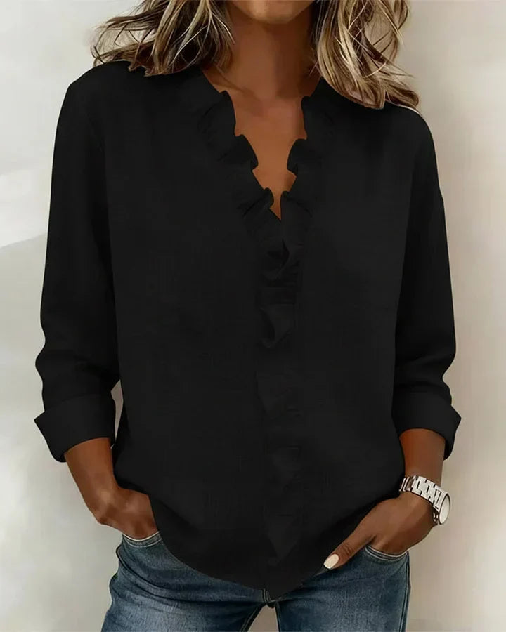 Genevieve Ruffled V-Neck Blouse in Pink, view 5