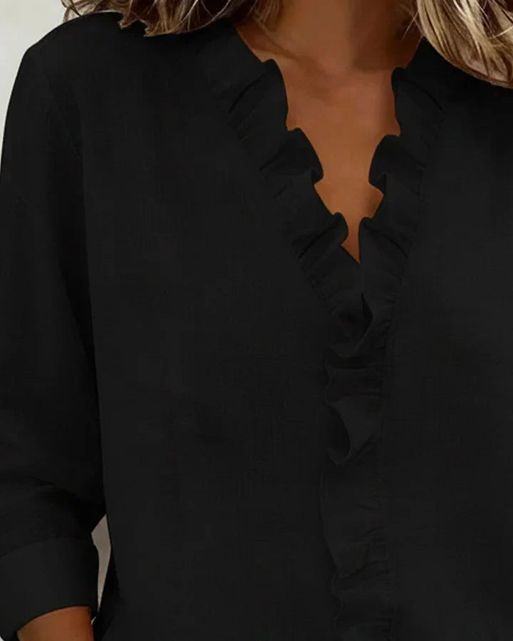 Genevieve Ruffled V-Neck Blouse in Pink, view 6