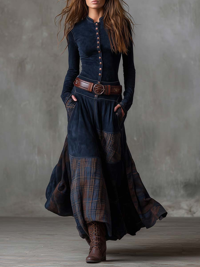 Rosamund Patchwork Long Sleeve Maxi Dress in Navy Blue, view 1