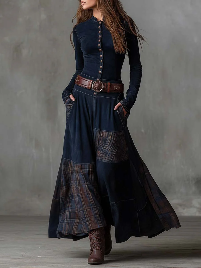 Rosamund Patchwork Long Sleeve Maxi Dress in Navy Blue, view 2