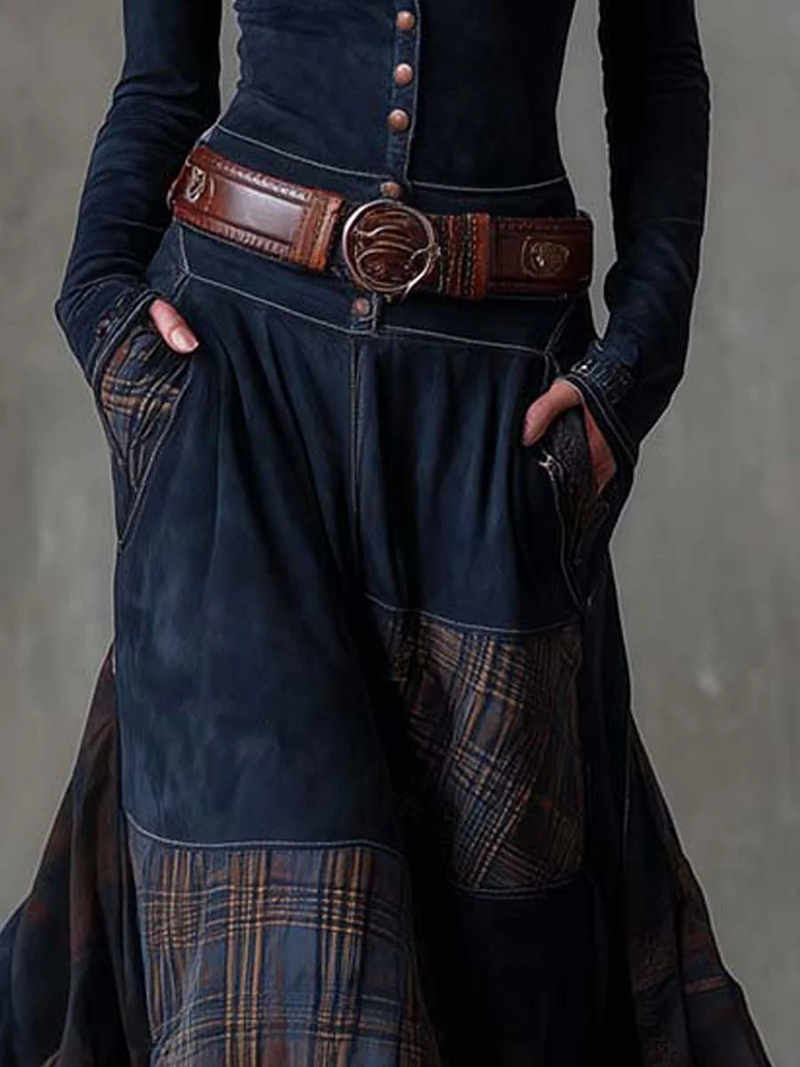 Rosamund Patchwork Long Sleeve Maxi Dress in Navy Blue, view 4