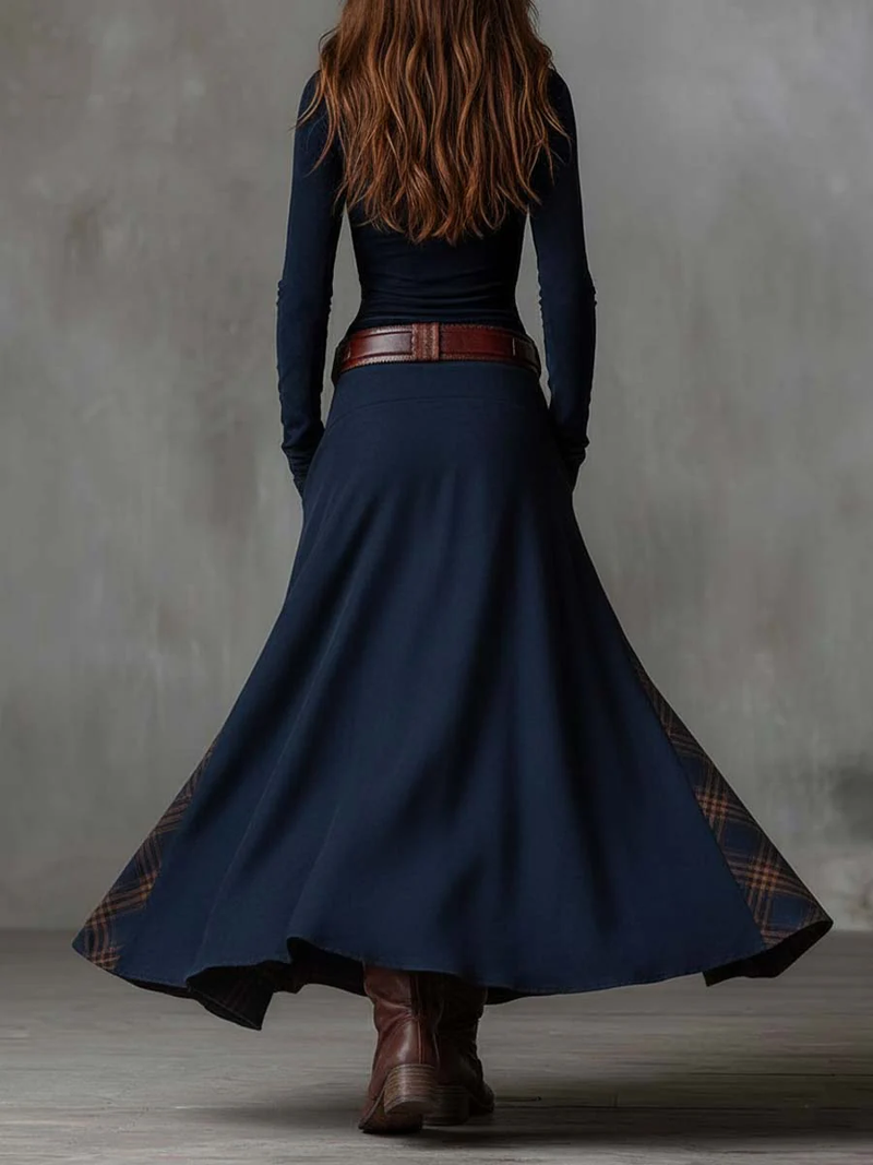 Rosamund Patchwork Long Sleeve Maxi Dress in Navy Blue, view 6